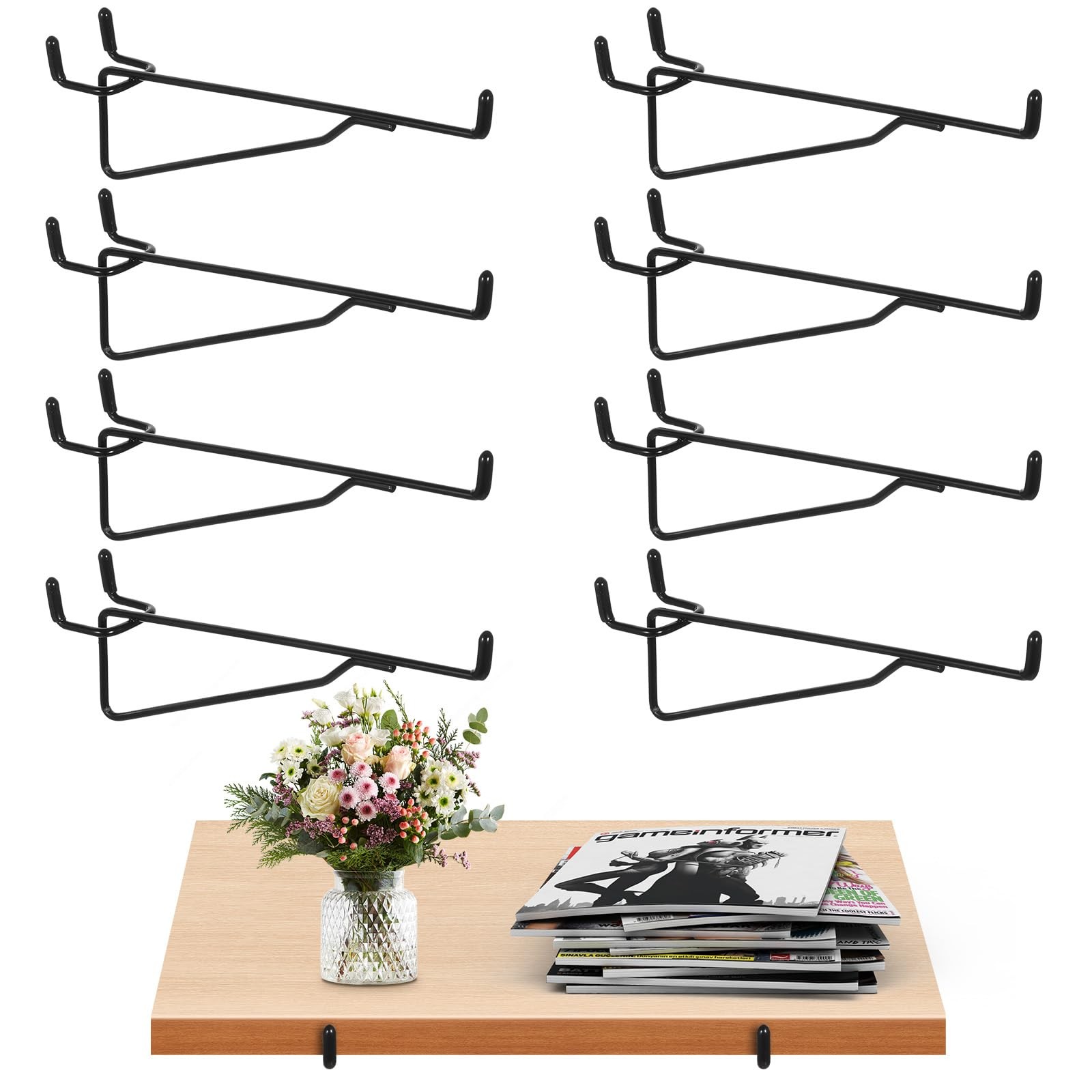 10 PCS 8 Inch Pegboard Shelf Hooks 1/4 Inch Black Metal Brackets Organizer