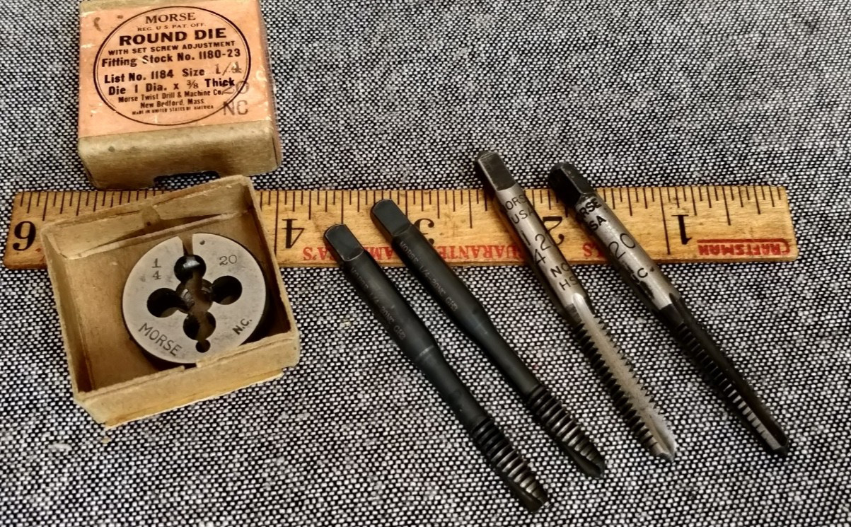 4 TAPs + DIE set ~ MORSE  USA1/4-20 NC round DIE split adjustable HSS  1"