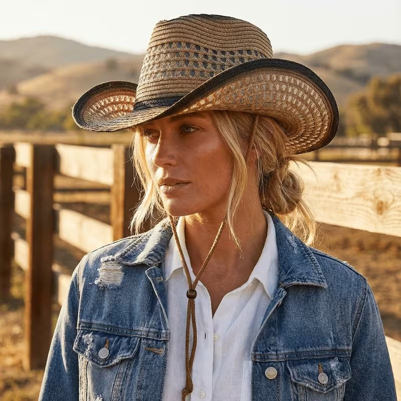 Straw Western Cowboy Hat with Chin Strap – Breathable Sun Hat, Rustic Outdoor St