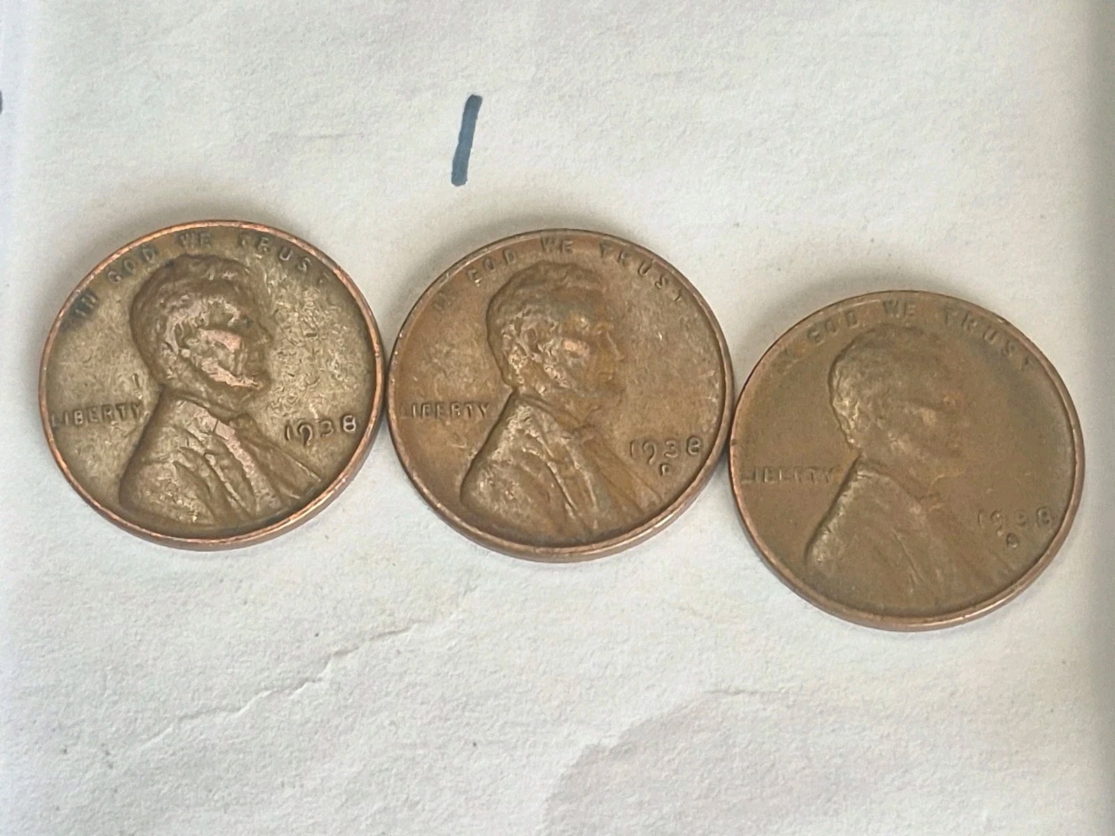 1938-P 1938-D 1938-S Lincoln Wheat Cent Penny Set Of 3 Coins Lot # 1 50