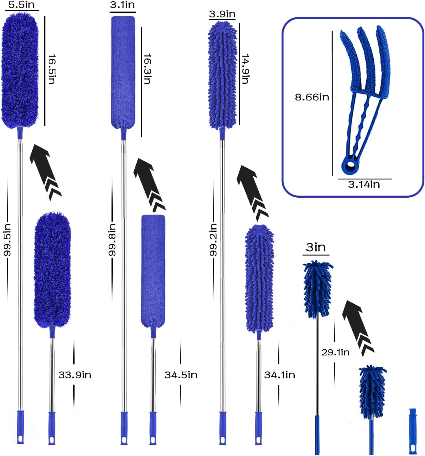 Microfiber Duster, 8PCS Feather Duster with 100 Inch Telescoping Extension Pole,