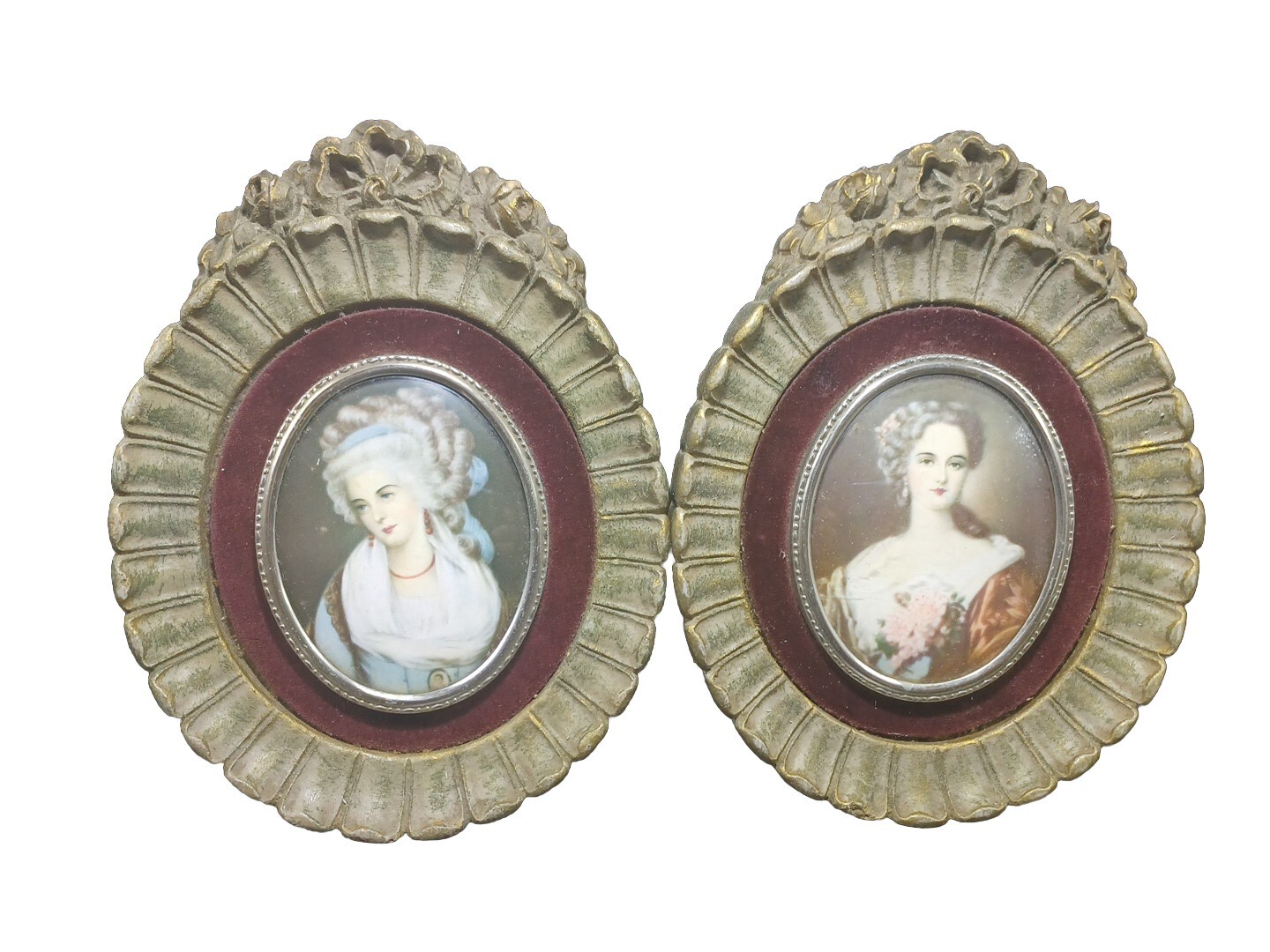2 VTG Cameo Creation Victorian Ladies Antique Gold and Burgundy Oval Portraits