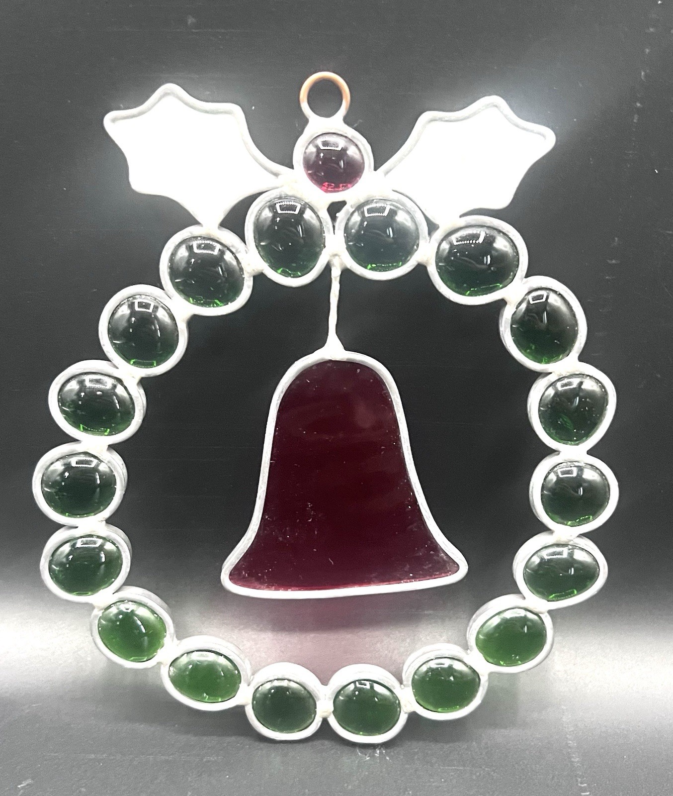 Vintage Stained Glass Christmas Wreath w/ Bell Sun Catcher 6” Diameter
