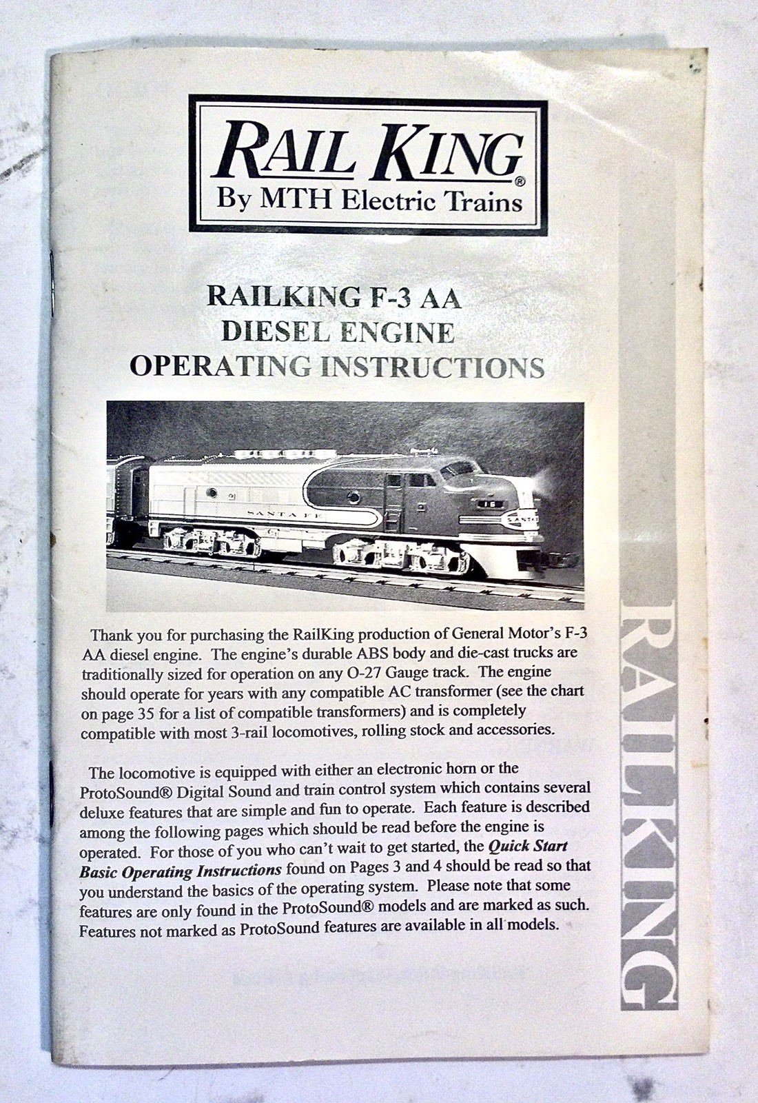 MTH RAIL KING F-3AA TRAIN DIESEL ENGINE OPERATING INSTRUCTION BOOK +