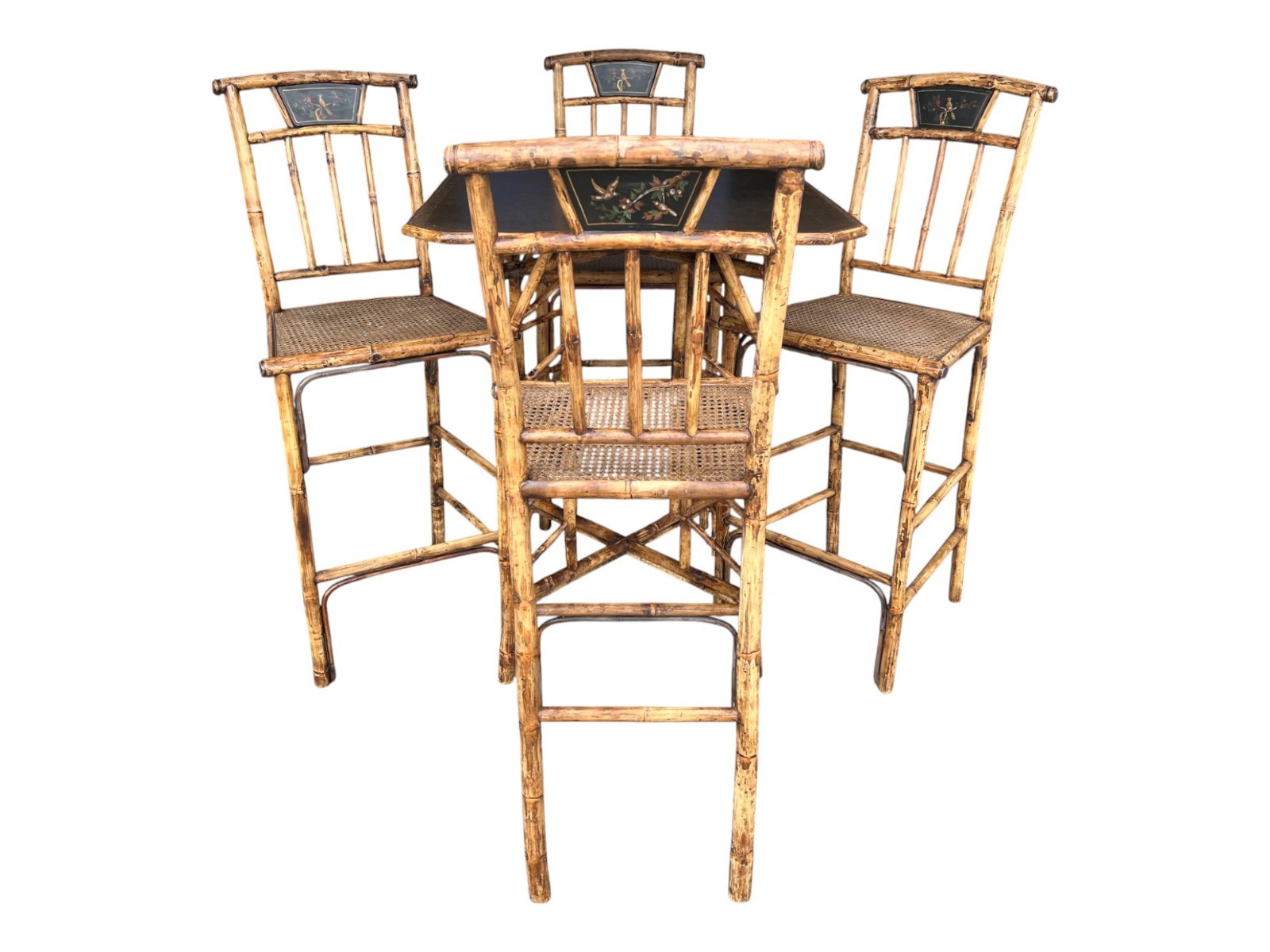 Vintage Bamboo Octagonal Game Table w/ 4 Chairs Chinoiserie Set