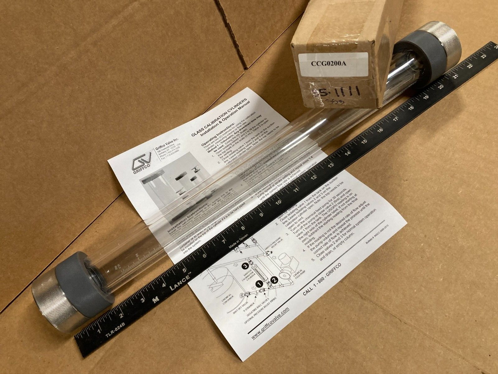 Griffco CCG0200 Glass Calibration Cylinder USGPH (30 SECOND DRAW DOWN) 1/2" Ends