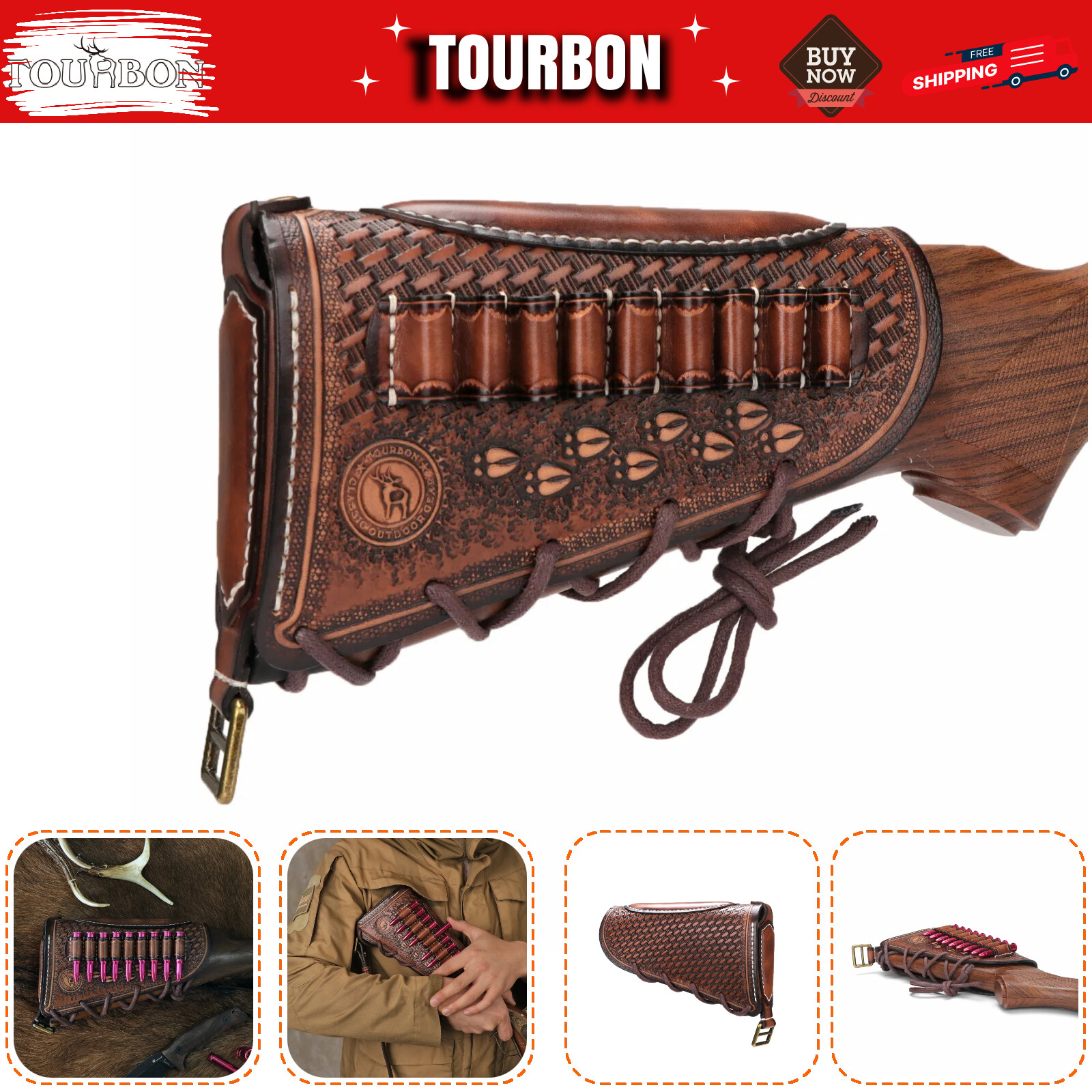 TOURBON Retro Leather Recoil Pad 30-06 45-70 Rifle Ammo Holder Cover LOP Extend