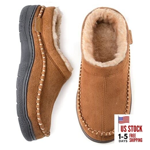 Men's Slip On Moccasin Slippers, Indoor/Outdoor Warm Fuzzy Comfy 11-12 Tan