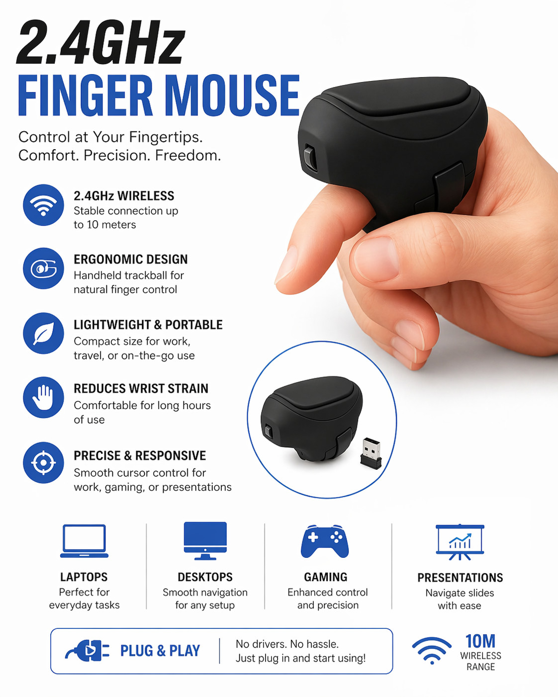 Finger Mouse, 2.4ghz Handheld Ergonomic Trackball Mouse