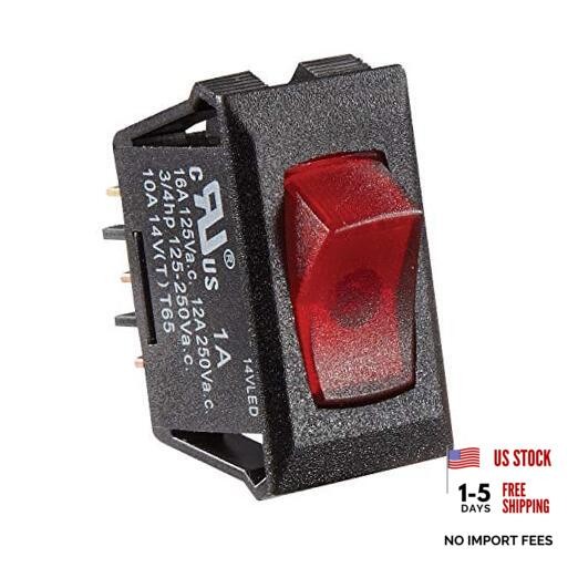 S247, Rocker Switch, 10 Amp, Illuminated On / Off, SPST, Black w/ Red, DC