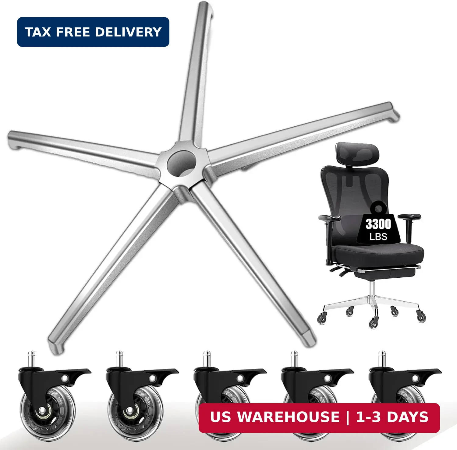 Office Chair Base Replacement (3300 lbs) - Heavy Duty Alloy Office Chair Base Re