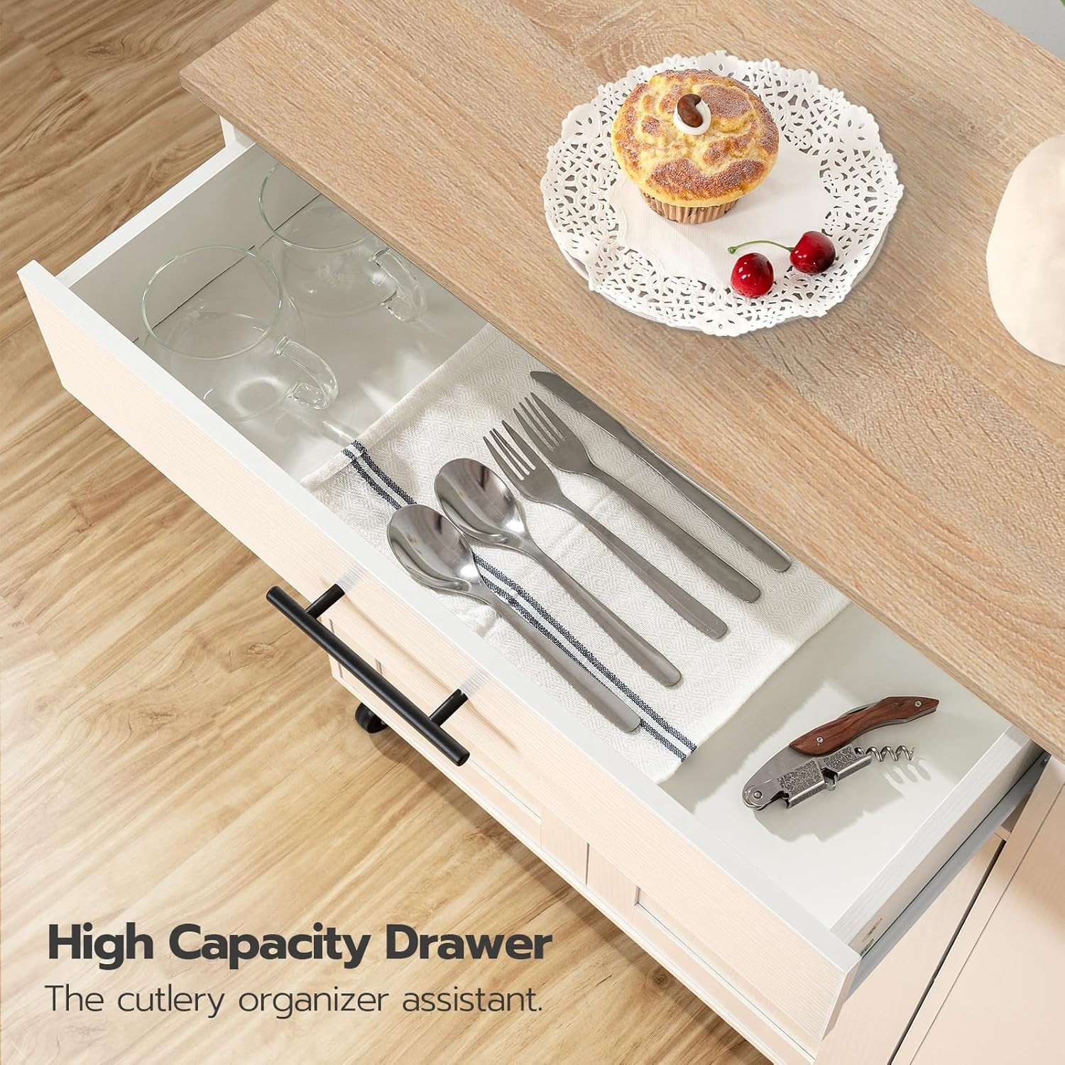 Kitchen Island with Power Outlet Storage Cart Rolling Spice Rack Modern White