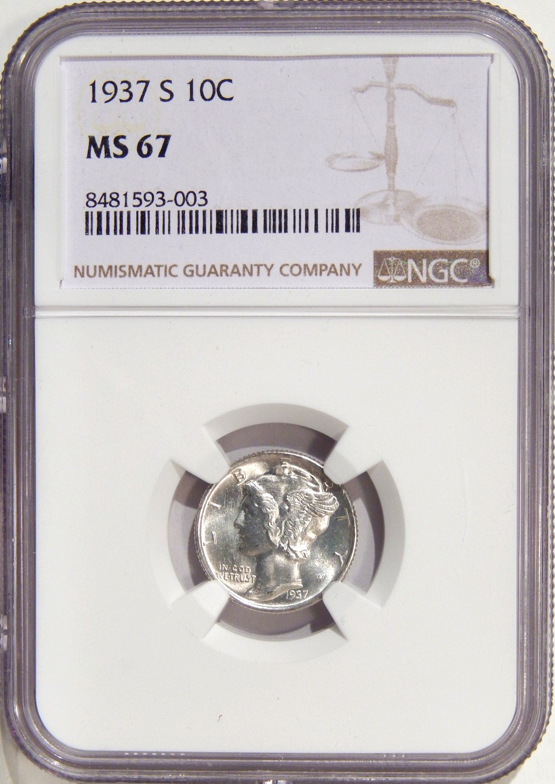 1937-S 10c NGC MS 67 ~ SILVER MERCURY DIME LOOKS LIKE FULL BANDS