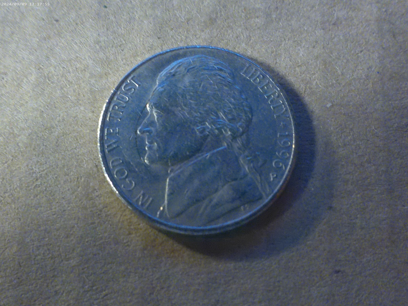 1996-P Jefferson Nickel Strike Through On the Reverse