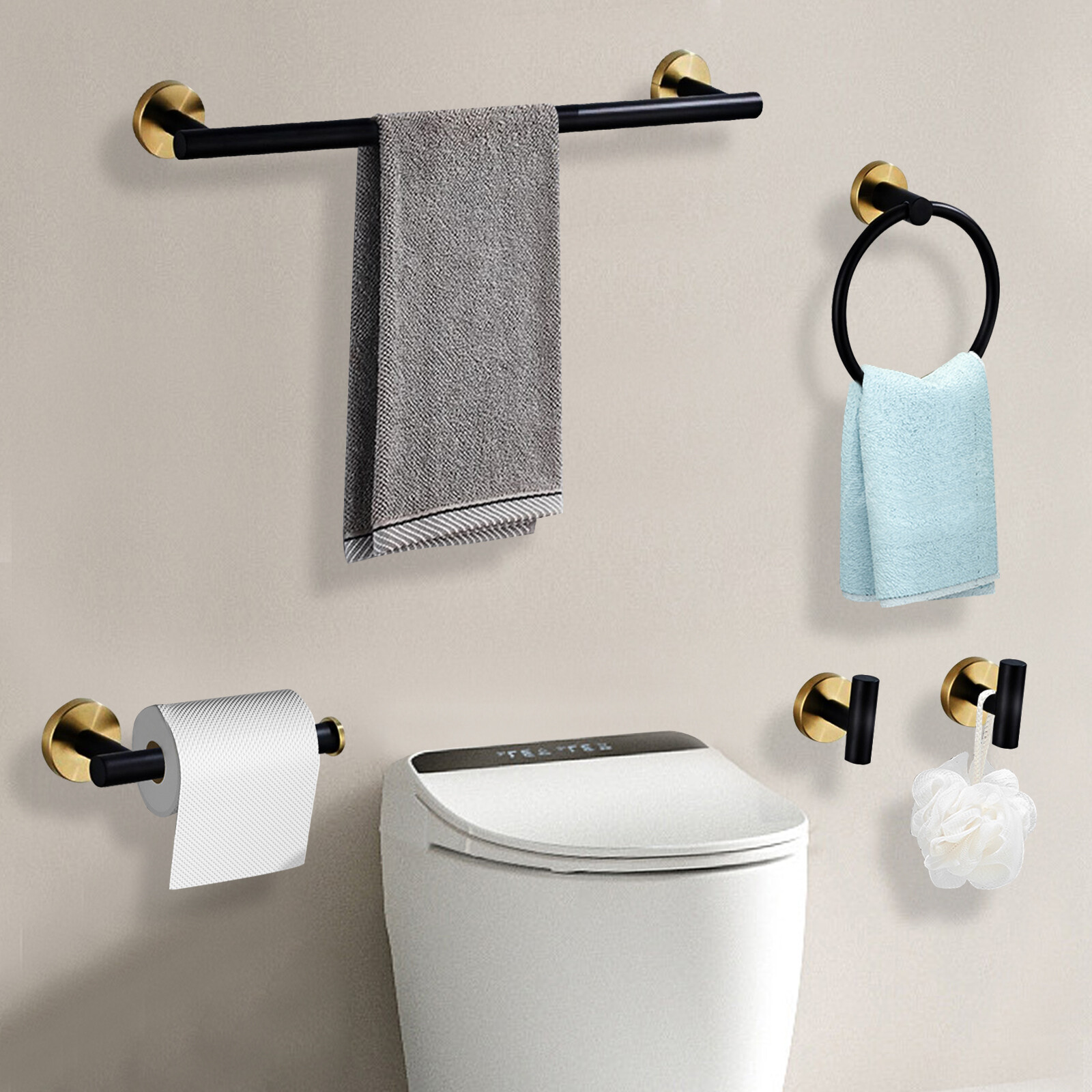 5-Piece Matte Black & Gold Stainless Steel Bathroom Hardware Set
