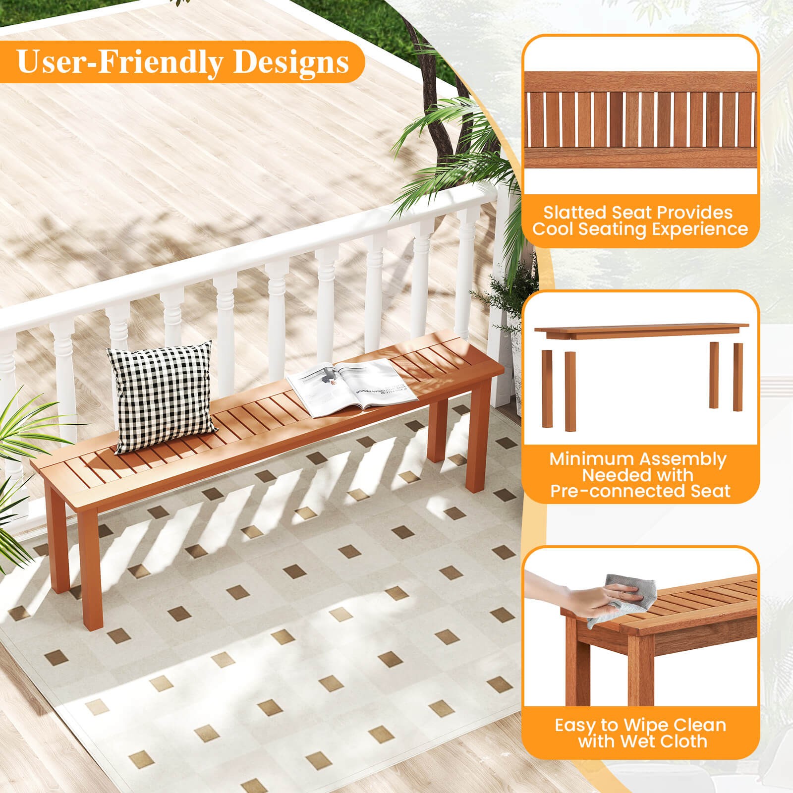 2PCS 59" Long Patio Dining Bench w/ Teak Oil Finish & Slat Seat Accent Entryway