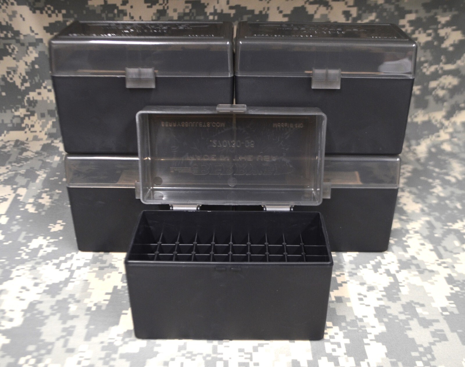5 x BERRY'S PLASTIC STORAGE AMMO BOX SMOKE COLOR 30-06/270 ACP 50 rd