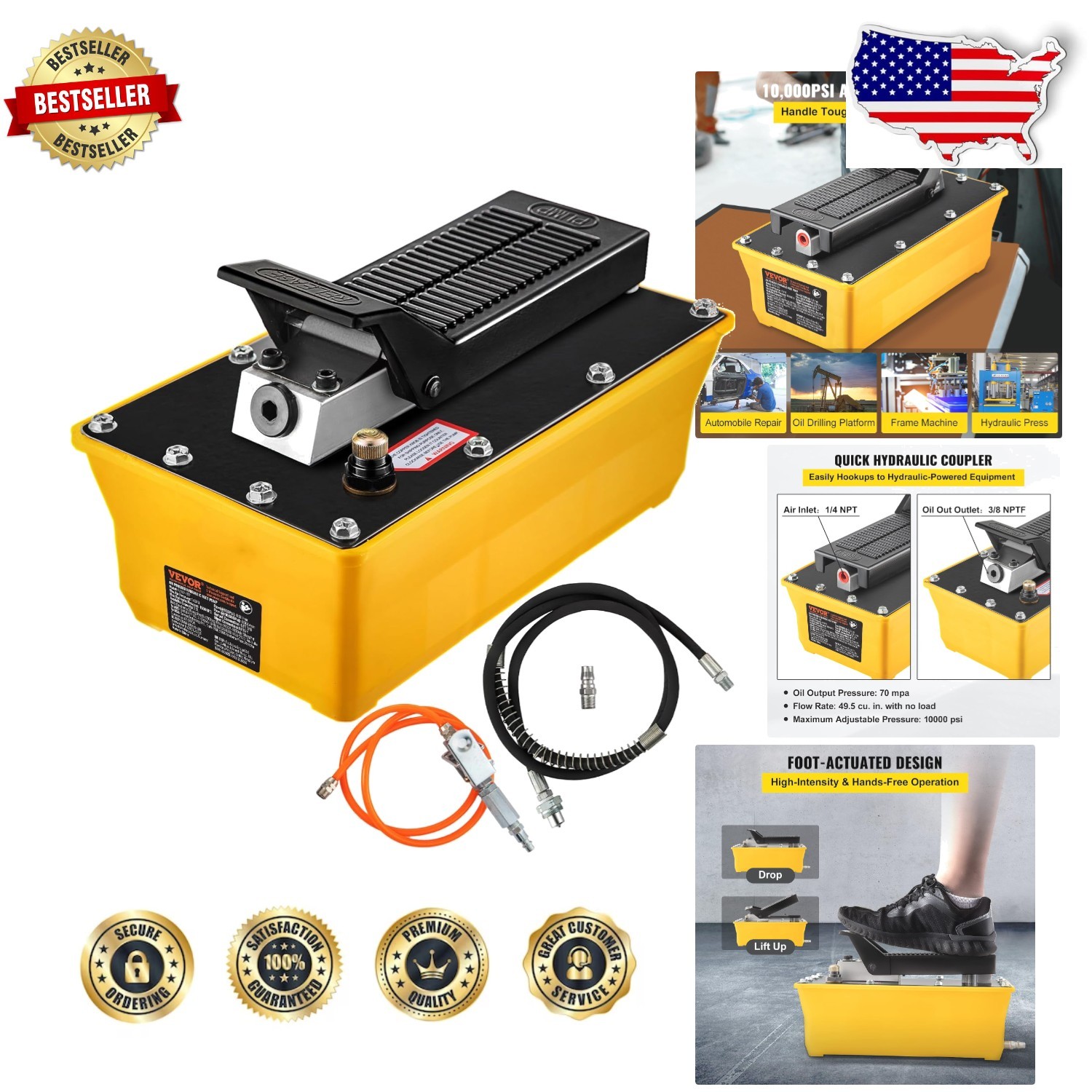 Heavy Duty Air Hydraulic Foot Pump: 10000 PSI, Aluminum Core, 6.5Ft Hose, Spr...