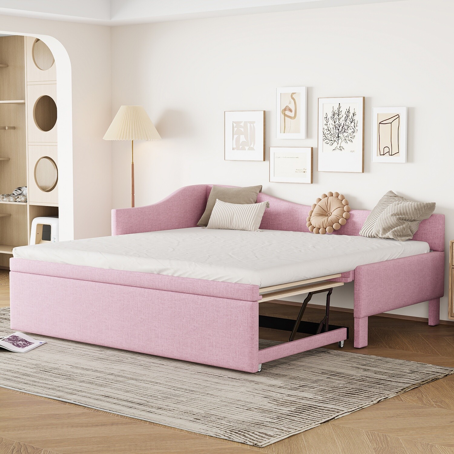 Twin Size Daybed Linen Upholstered Bed Frame Sofa Bed with Pull Out Trundle Bed