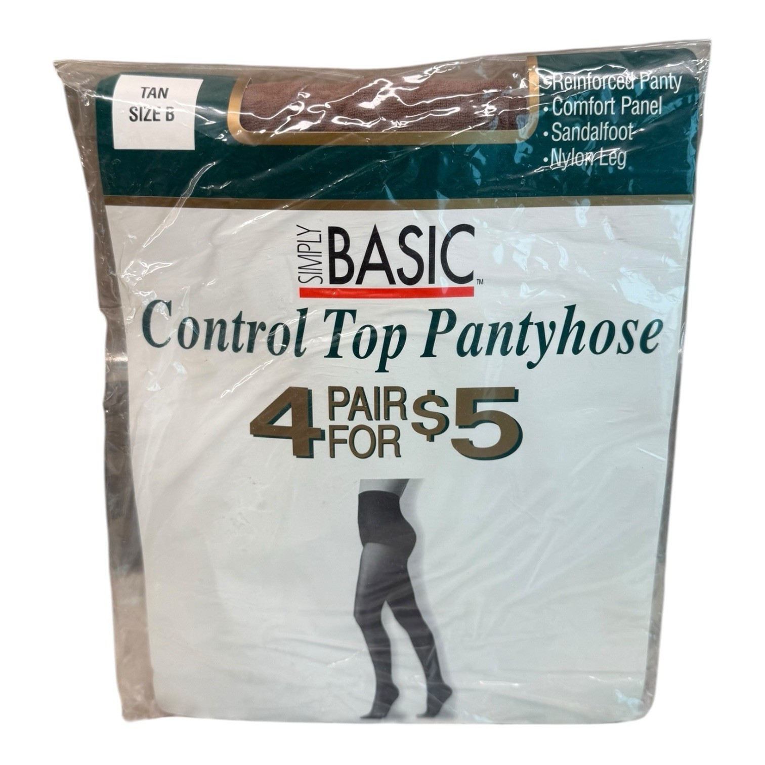 4pr Vintage Simply Basic Control Top Pantyhose Reinforced Panty Size B Tan