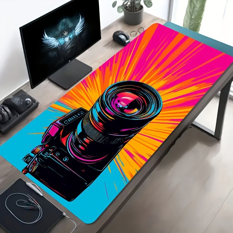A Large Electronic Sports Gaming Mouse Pad Featuring a Colorful Pop Art Camera