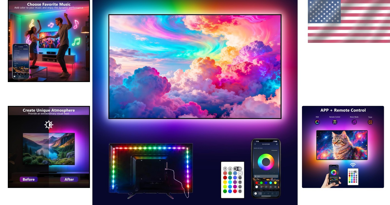 Dynamic 8.2ft LED Strip Lights for 40-60 Inch TVs - Music Sync & Remote Control