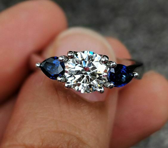 2.23ct Round Moissanite & Pear Sapphire Engagement Ring 14K White Gold Size 6.5