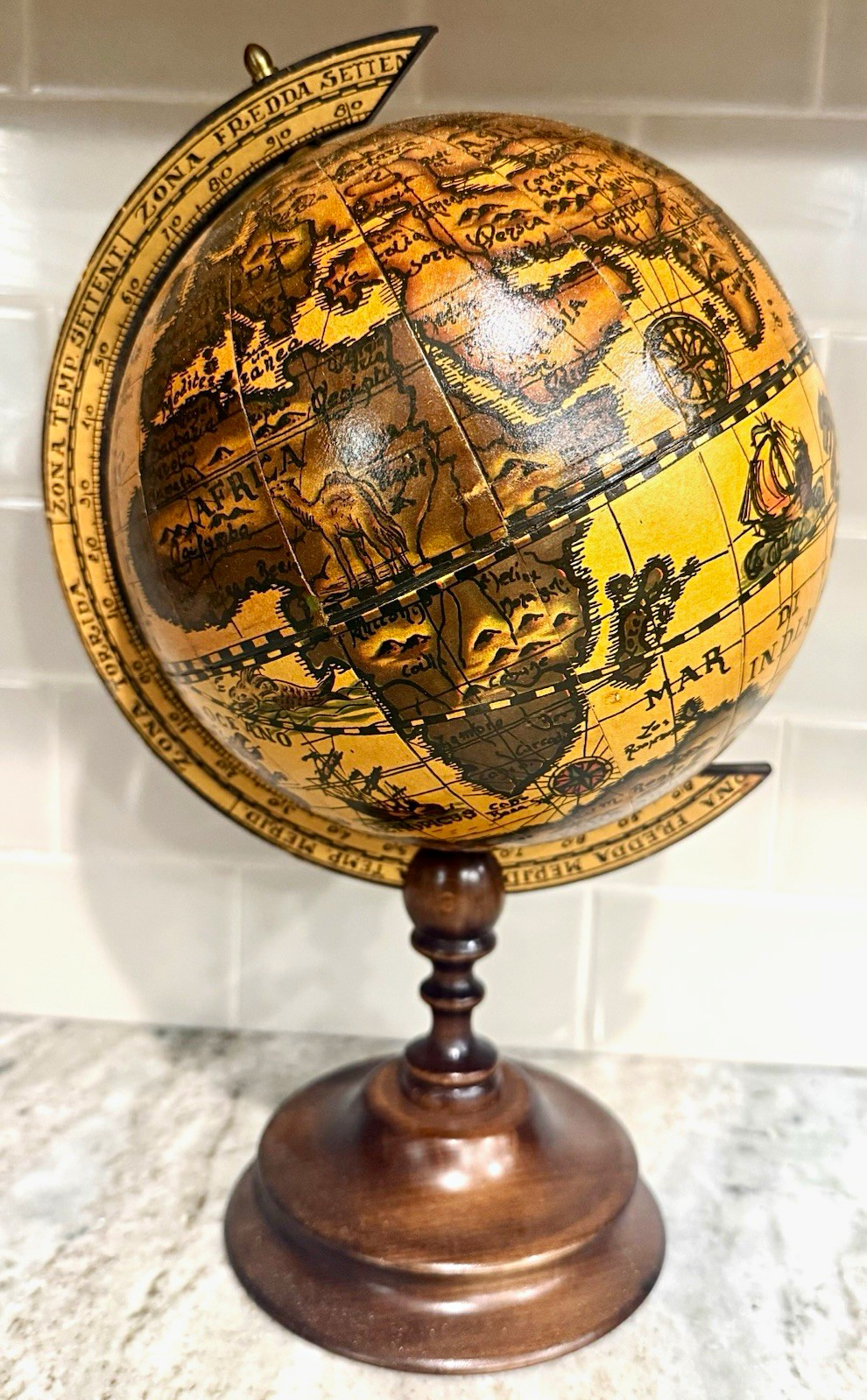 Antique Style Tabletop World Globe Rotating Semi-Meridian Wood Base Stand