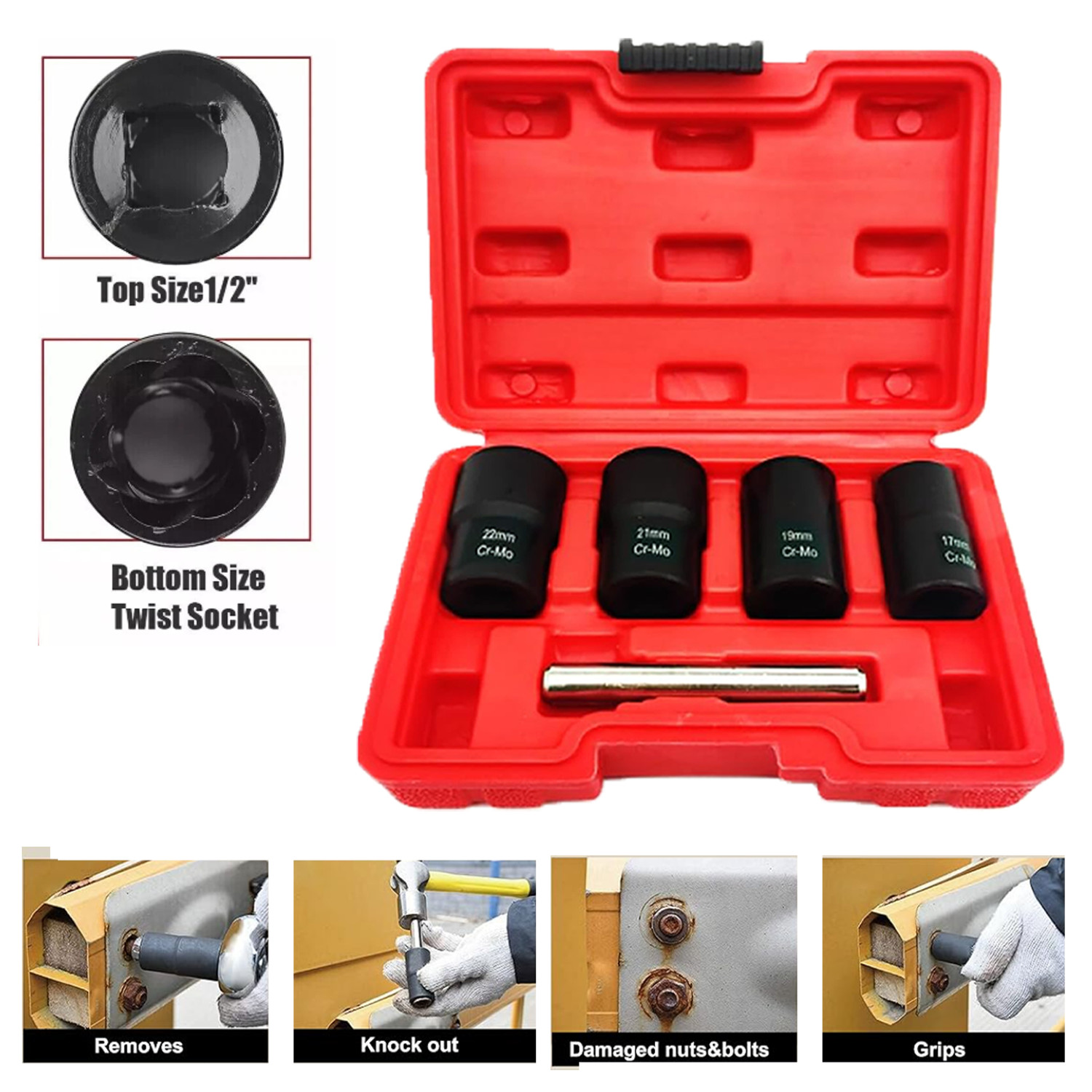 5Pcs Twist Socket 1/2” Drive For Wheel Lug Nut Damaged Removal and Extractor