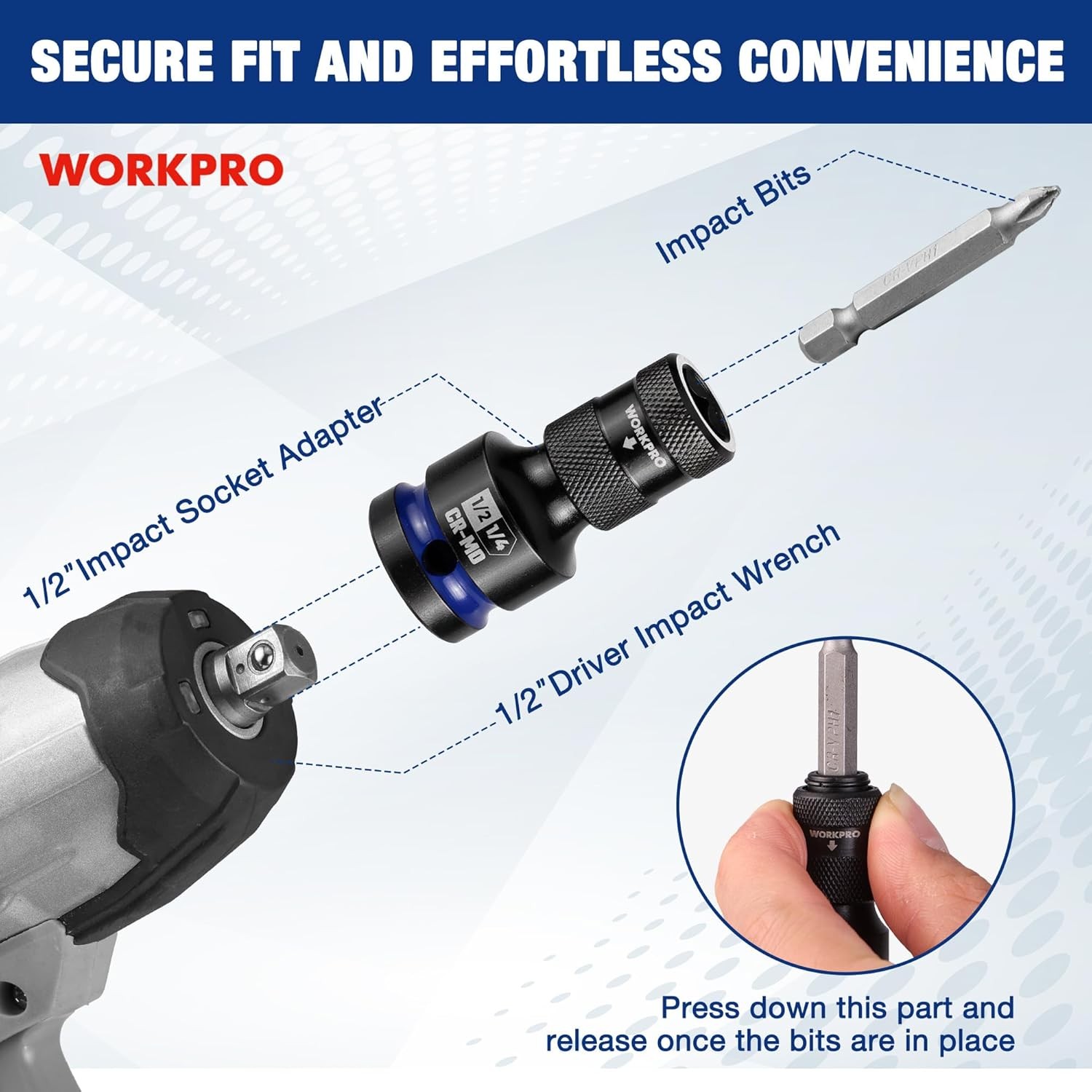 WORKPRO 1/2" Square to 1/4" Hex Quick Release Impact Socket Adapter Bit Holder