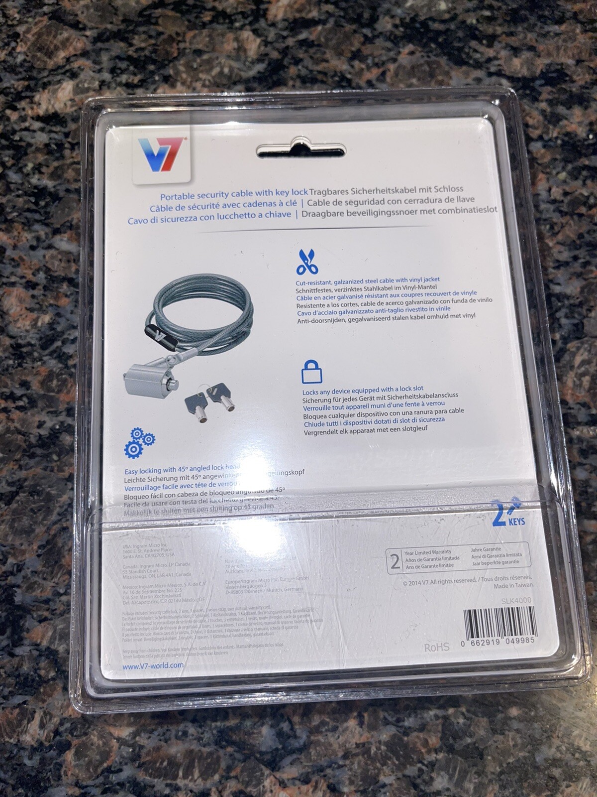 V7 Portable Security Cable with Key Lock 6.5ft (SLK4000)
