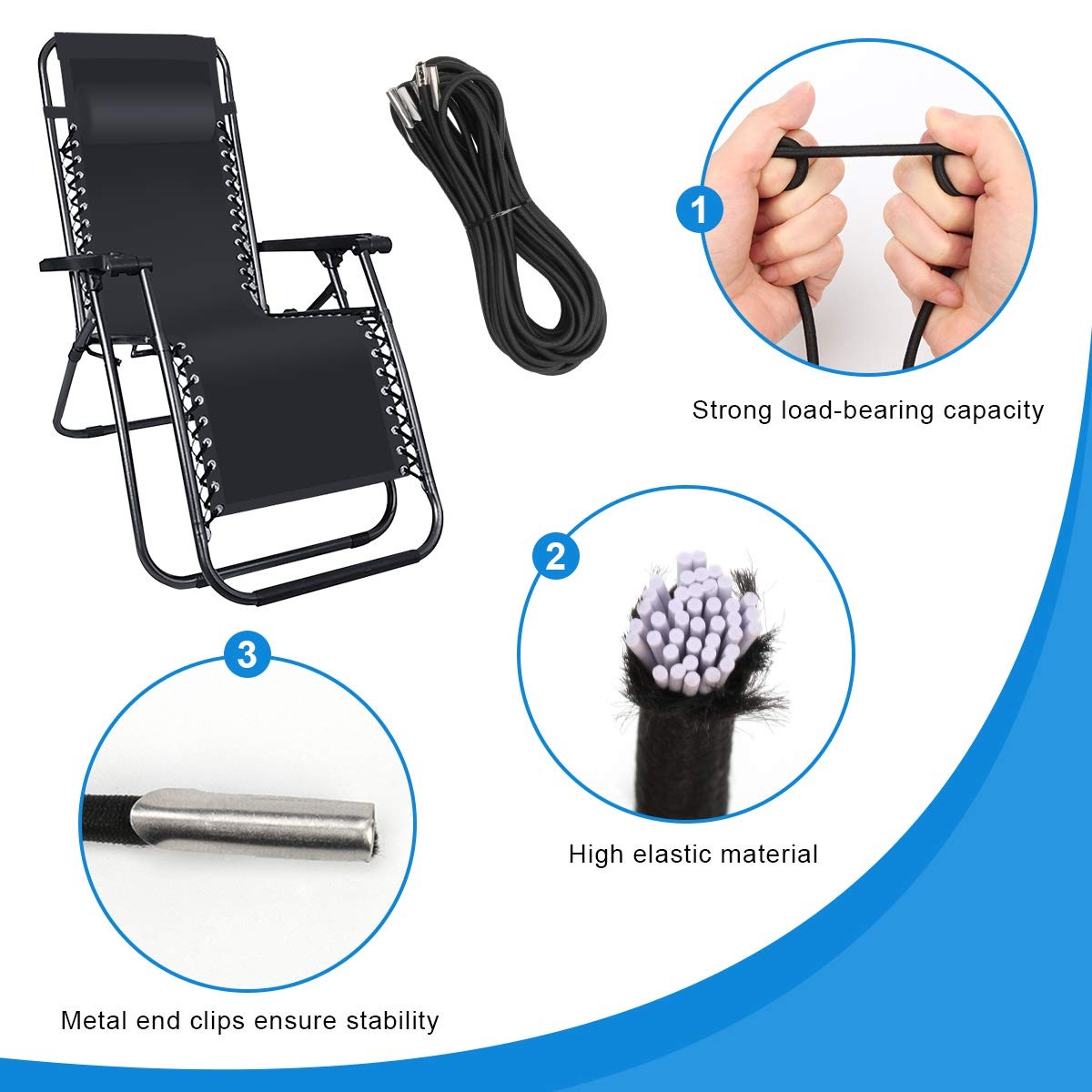 Universal Replacement Cord for Zero Gravity Chair, 4 Pack Elastic Cords Blac