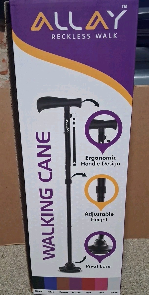 ALLAY Walking Cane Ergoomic Handle Design, Adjustable Height Pivot Base Black