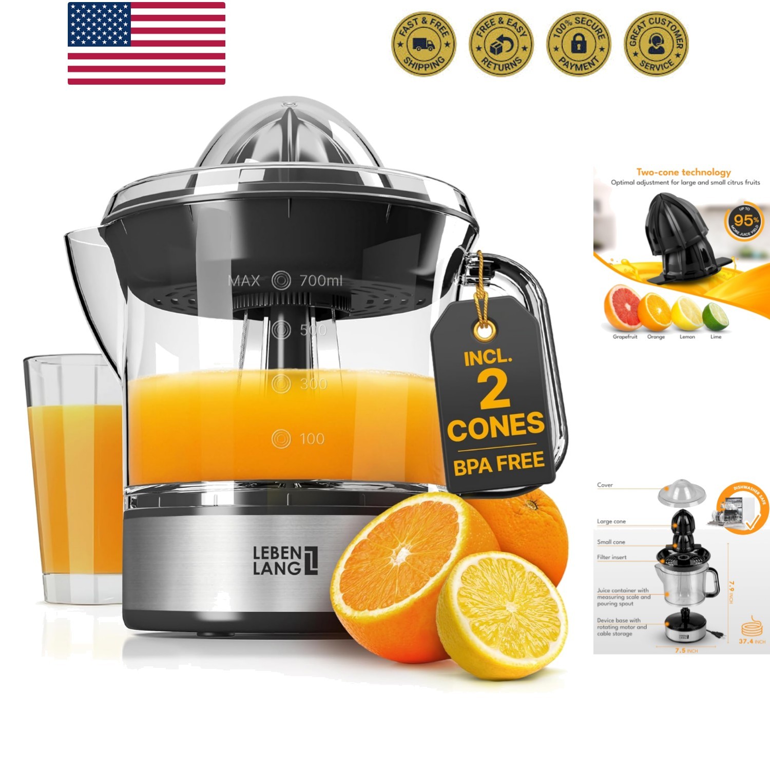 Orange Juicer Electric - 2 cones & BPA-free I High juice yield & Large Volume...