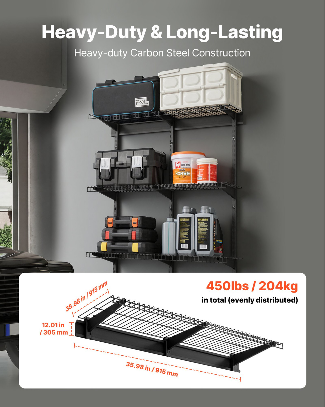 VEVOR 3-Tier Heavy Duty Wall Garage Shelving, 0.9 x 3 ft Steel Wall Mounted Shel