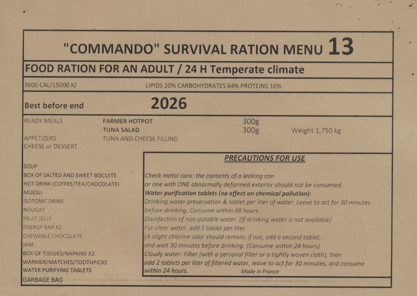 OFFERED PORT Combat Ration "Commando", Menu No. 13, D.D.M 2026, French