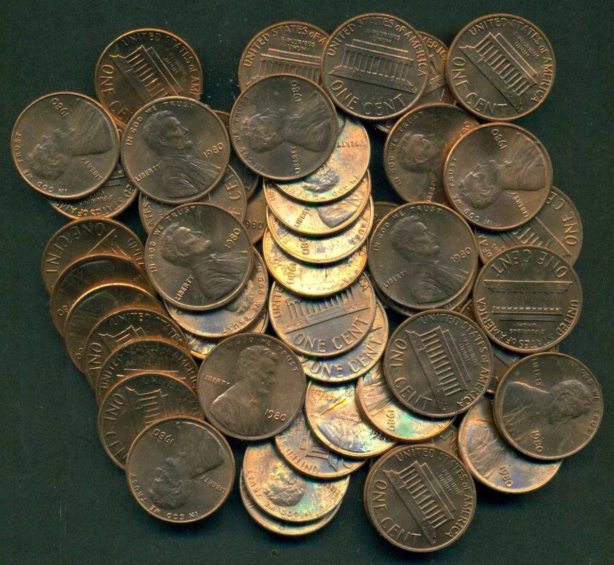 ROLL (50 COINS) OF UNCIRCULATED 1980-P LINCOLN CENTS, GREAT PRICE!