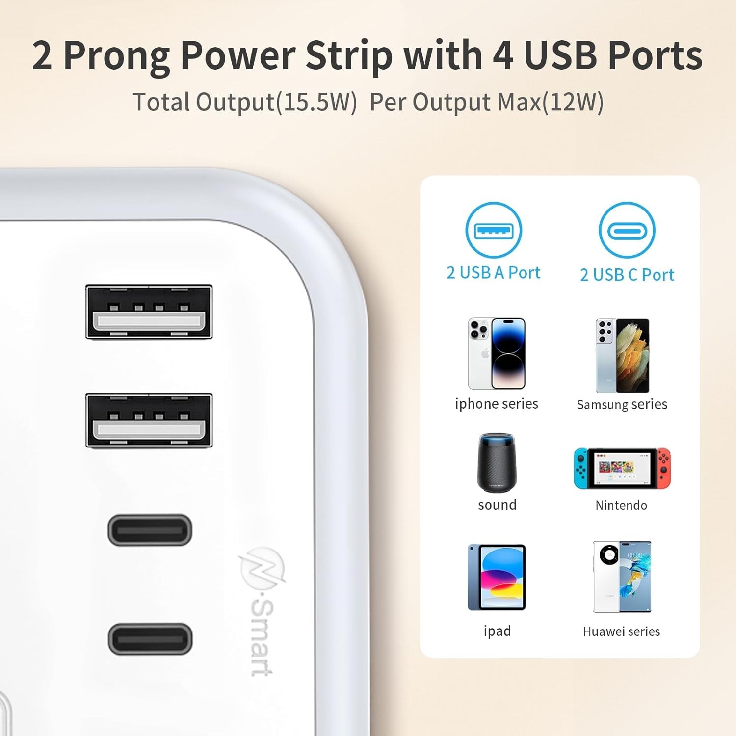 Versatile 2 Prong Power Strip with Fast USB Charging & Space-Saving Flat Plug