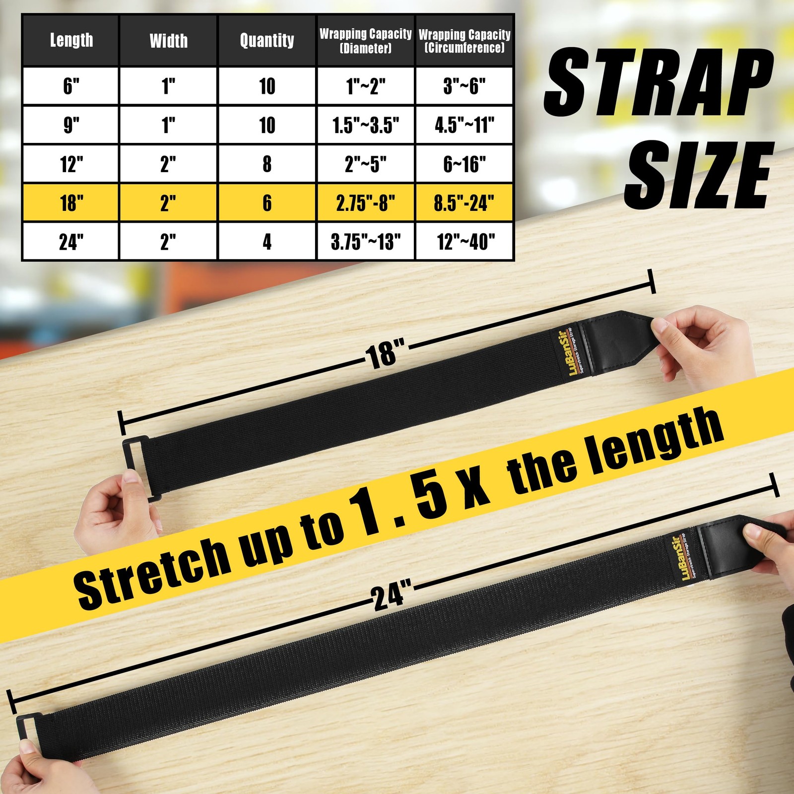Cinch Straps 2"x18" 6-Pack Elastic Hook & Loop with Buckle for Storage & Orga...