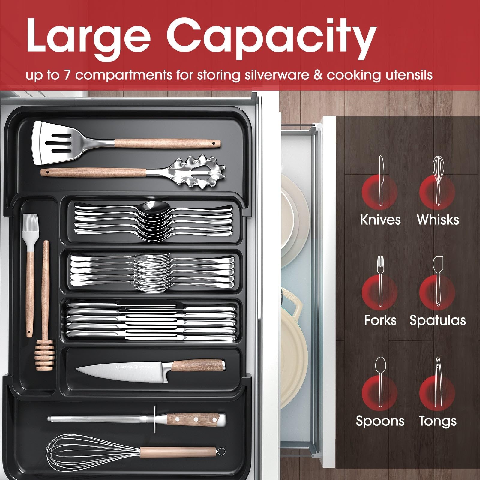 Aujen Silverware Organizer - Expandable Kitchen Drawer Medium, Black