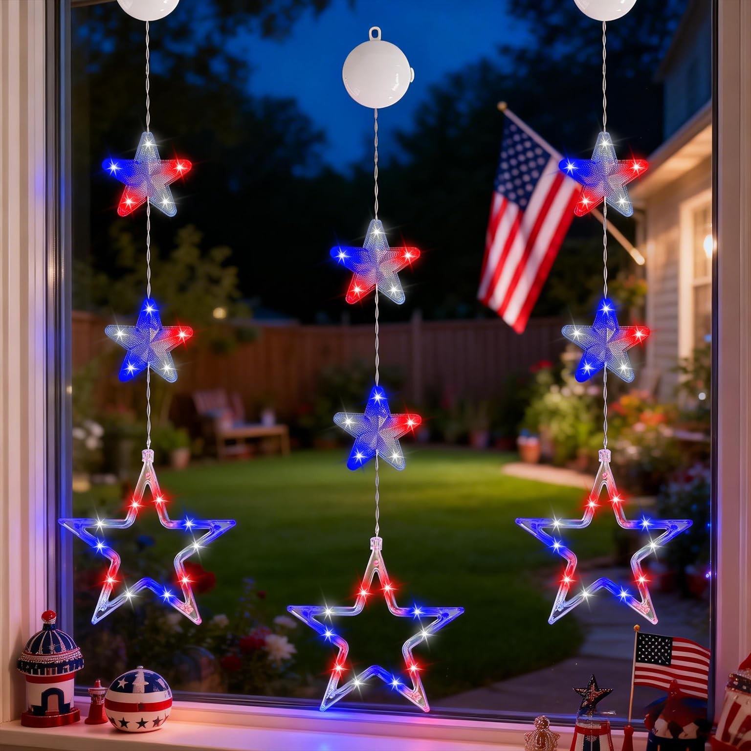 3 Pack Star Window Lights with Timer Red White Blue 4th of July Decor Decor