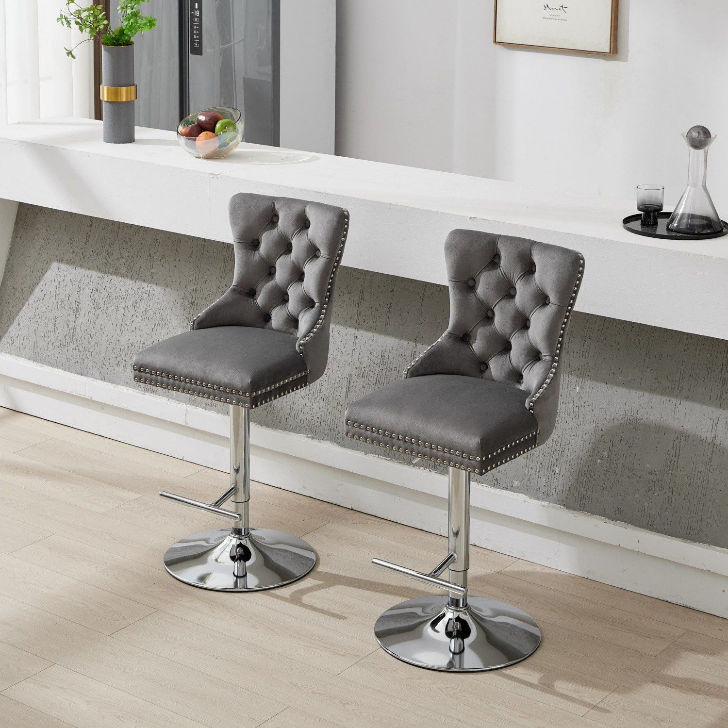 Set of 2 Swivel Bar Stools Velvet Bar Chairs Adjustable Height Dining Chairs