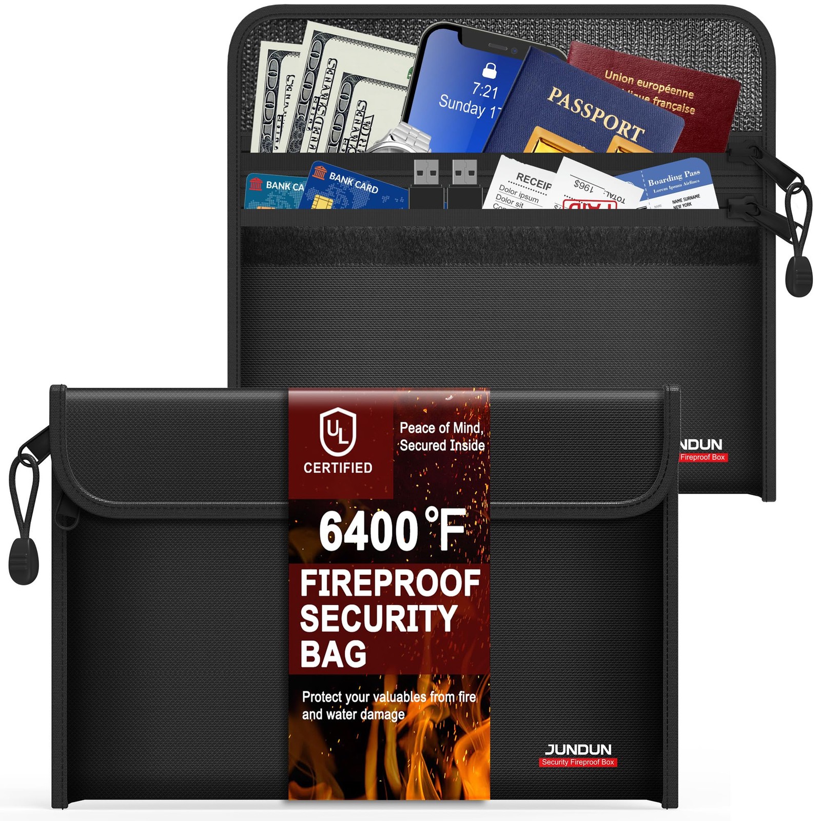 6400℉ Fireproof Money Bag,8.6”x 5.9” Dual Zippers Fireproof Money Bag for Cas...