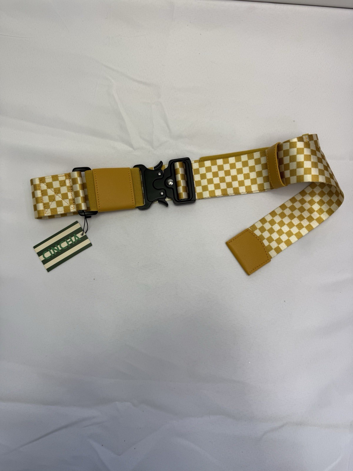 Cincha Travel Belt Luggage Strap Gold/ White Checkered Suitcase Bag Holder New!