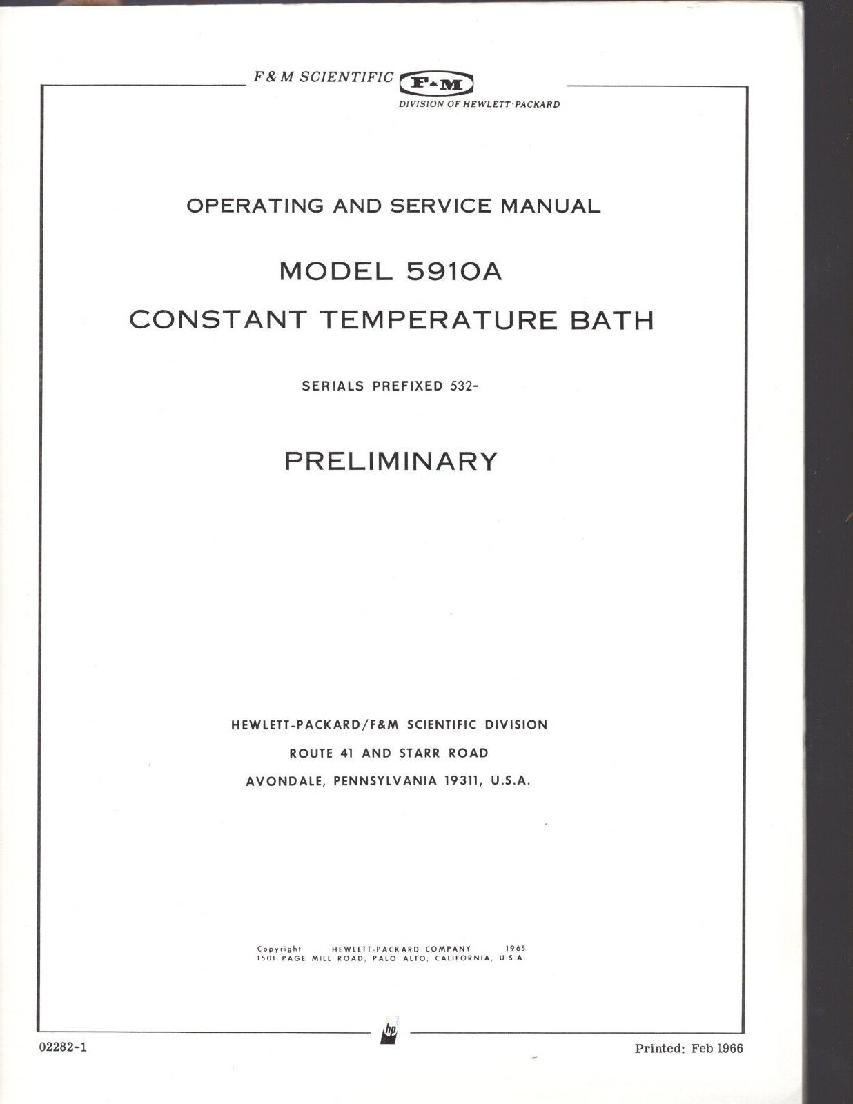 Original Hewlett Packard Constant Temperature Bath Model 5910 Ops&Service Manual