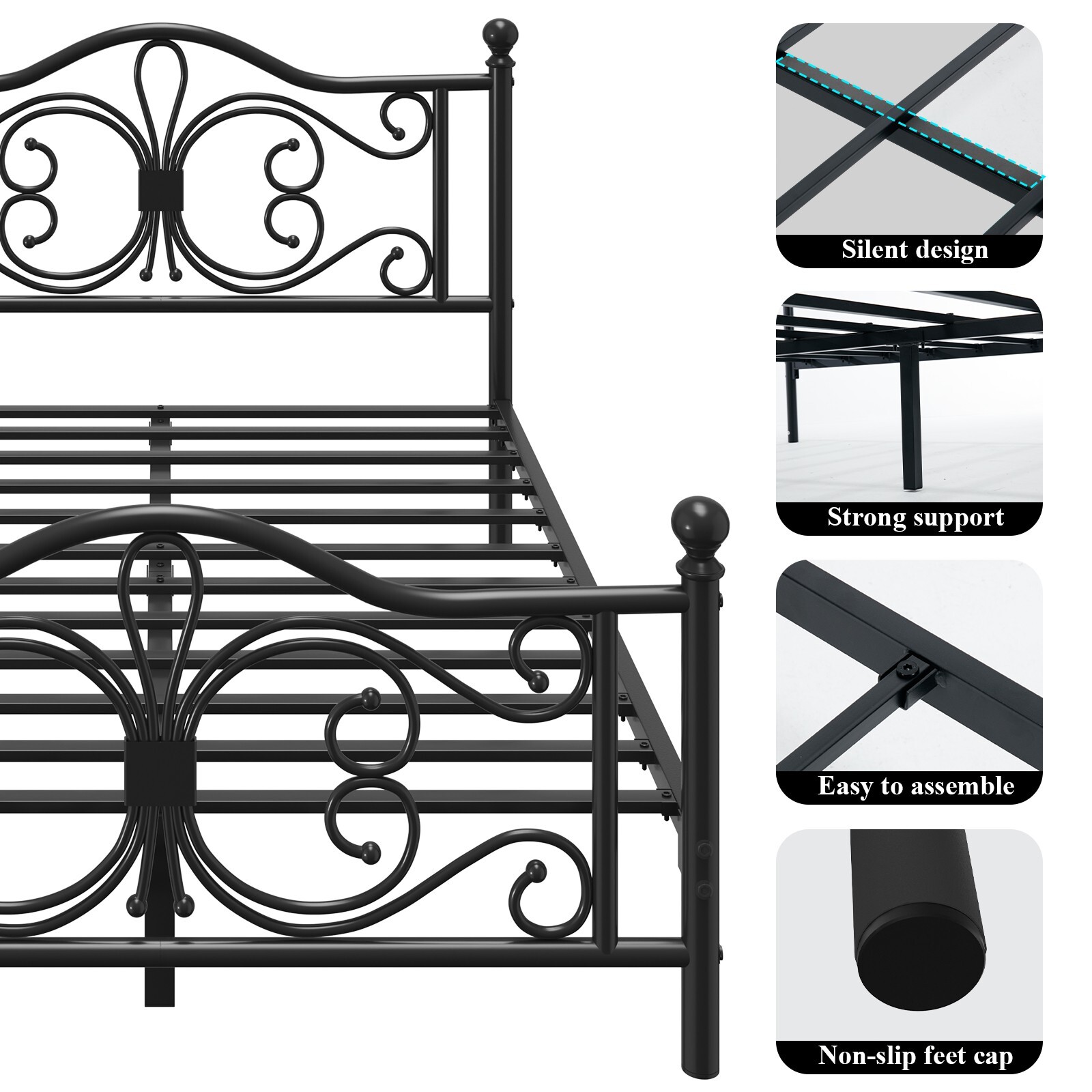 Queen Size Bed Frame with Butterfly Pattern Design Strong Metal Slats Support