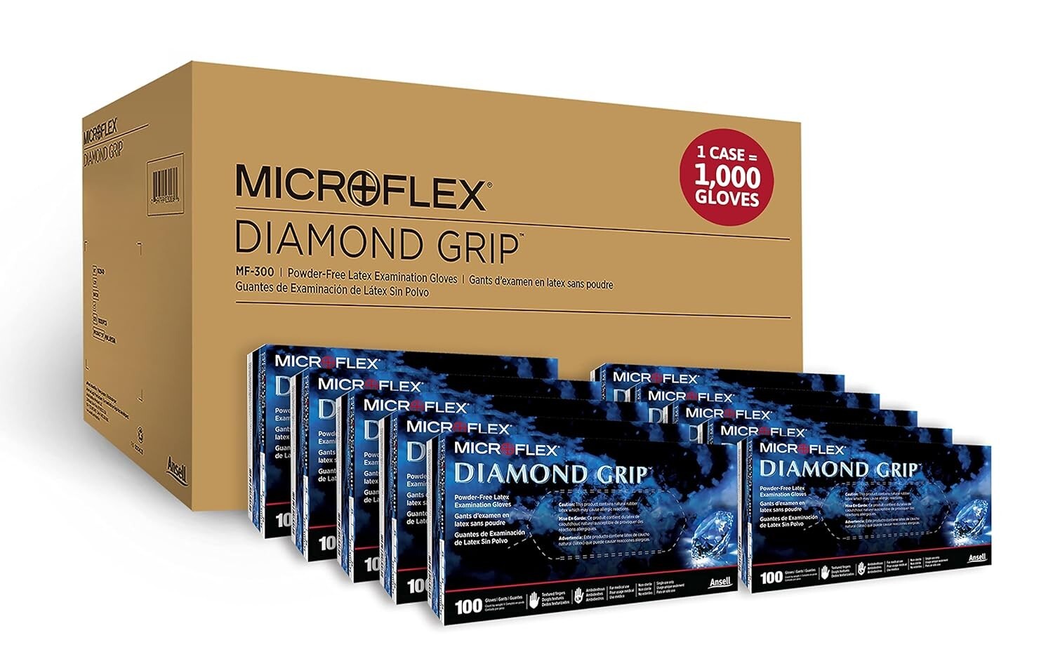 Microflex MF300L-CASE Diamond Grip Large Disposable Latex Gloves - 1,000pk