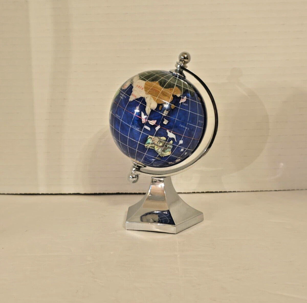 Desktop GLOBE Blue Lapis Semi-Precious Gemstones Inlay with Chrome Metal Stand