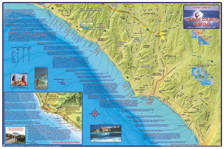 Orange County Surfing Map Waterproof Surfing Guide by Franko Maps