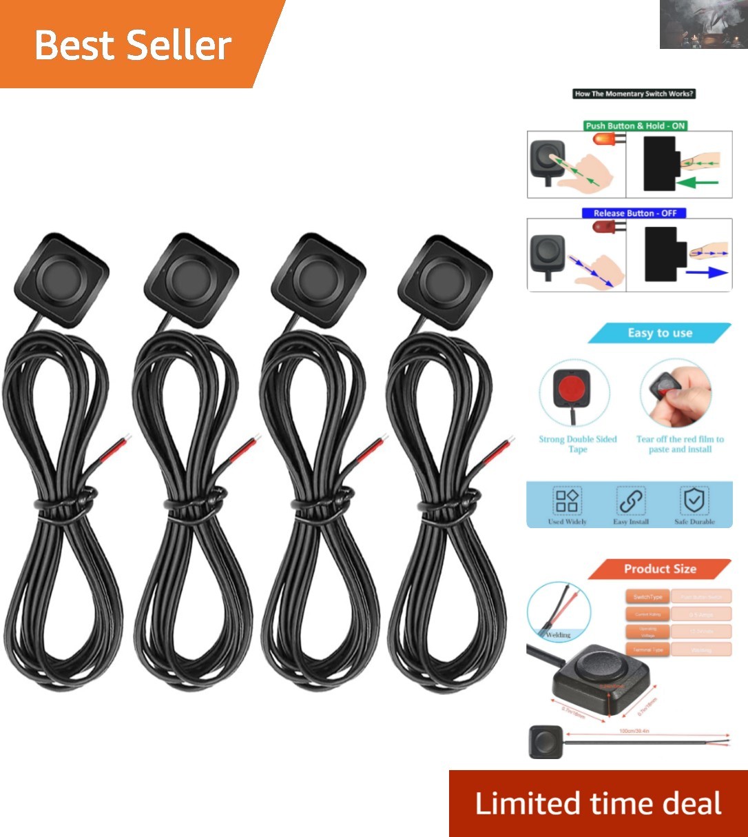 Durable  4-Piece Momentary Push Button Switch Set - 12V-24V Applications